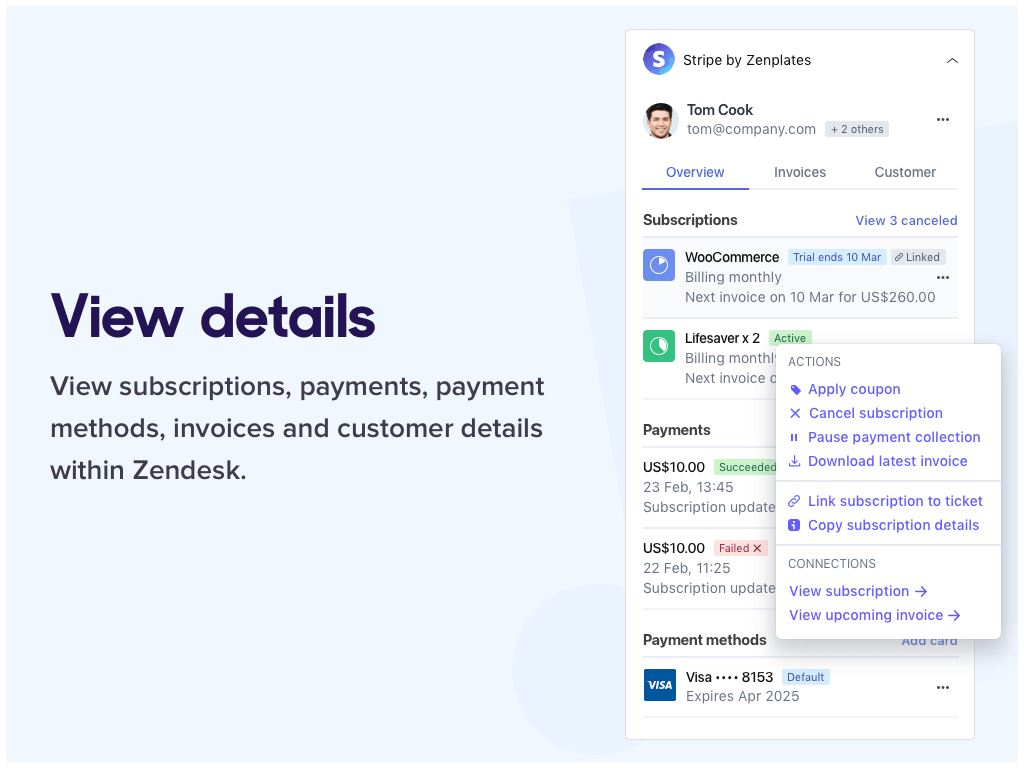 Stripe by Zenplates App Integration with Zendesk Support